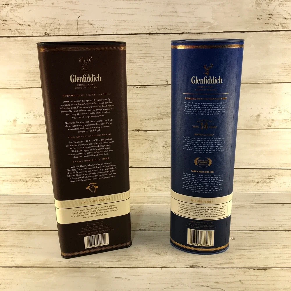 Glenfiddich Scotch Whisky Empty Tins 18 Year & 14 Year Bourbon Barrel Empty Tins